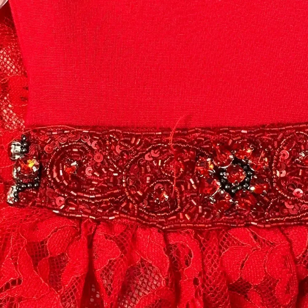 SHERRI HILL Red Lace V-neck with Beaded Waist Sz 4